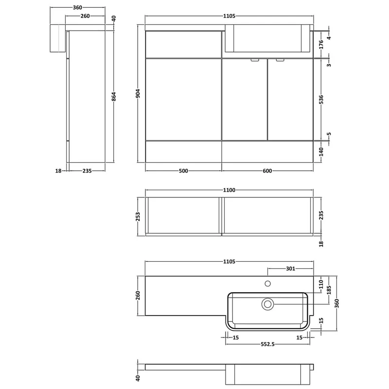 Hudson Reed Fusion 1100mm Floorstanding Combination Unit With Round Semi Recessed Basin