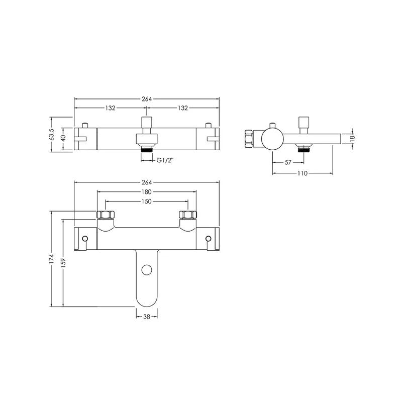 Nuie Binsey Wall Mounted Thermostatic Bath Shower Mixer Contemporary Chrome Brass,brass ABS 50x264x159mm