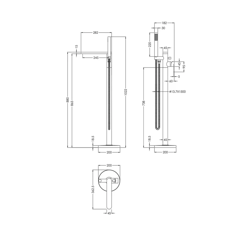 Nuie Arvan Freestanding Bath Shower Mixer Contemporary Matt Black Brass ABS,plastic 880x200x282mm