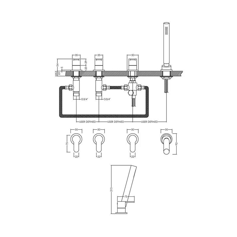 Nuie Arvan Deck Mounted 4 Tap Hole Bath Shower Mixer No Spout Contemporary Chrome Brass,brass ABS 230x435x75mm