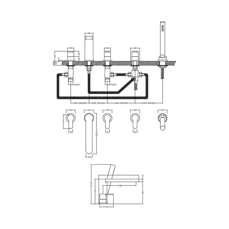 Nuie Arvan Deck Mounted 5 Tap Hole Bath Shower Mixer Contemporary Chrome Brass,brass ABS 230x535x225mm