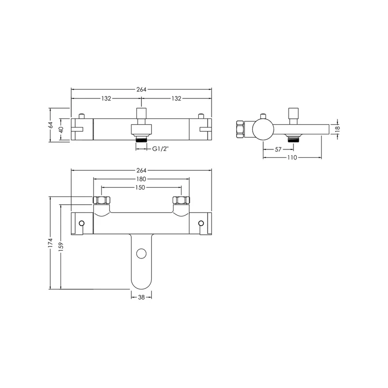 Nuie Arvan Wall Mounted Thermostatic Bath Shower Mixer Contemporary Chrome Brass,brass ABS 50x264x159mm