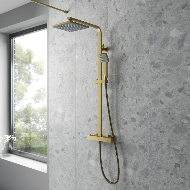 Nuie Square Thermostatic Bar Valve & Shower Kit Contemporary Brushed Brass Brass ABS 1200x200x465mm