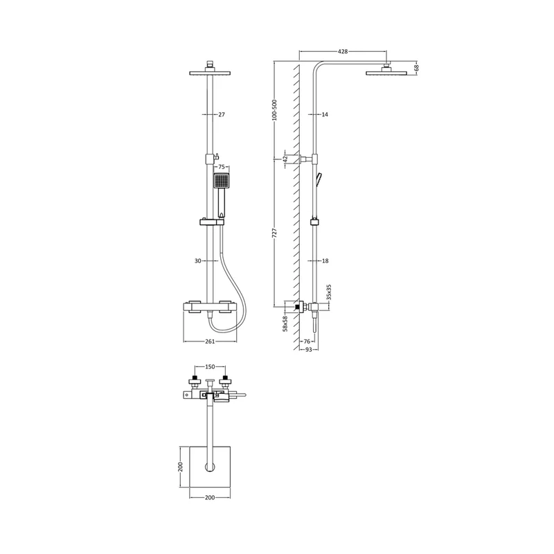 Nuie Square Thermostatic Bar Valve & Shower Kit Contemporary Brushed Pewter Brass ABS 1200x261x465mm