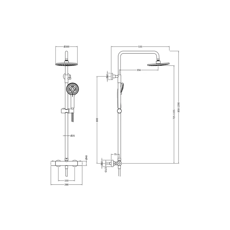 Nuie Round Thermostatic Bar Valve & Shower Kit Contemporary Brushed Pewter Brass ABS 1245x267x429mm