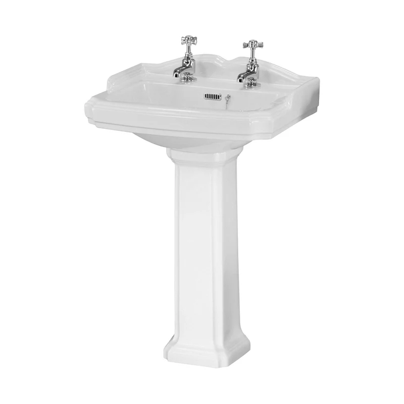 Nuie Legend 590mm Basin & Pedestal (2 Tap Hole) Traditional White Vitreous China 915x590x470mm