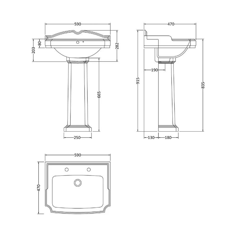 Nuie Legend 590mm Basin & Pedestal (2 Tap Hole) Traditional White Vitreous China 915x590x470mm