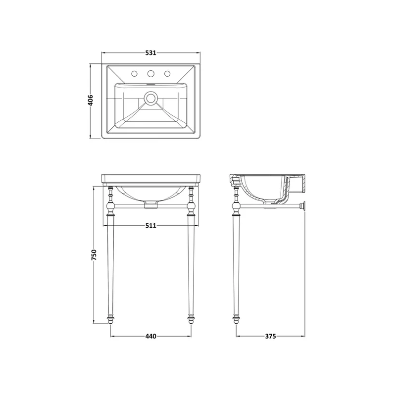 Nuie Carlton 500mm 3th Basin With Traditional Stand White Vitreous China 816x531x442mm