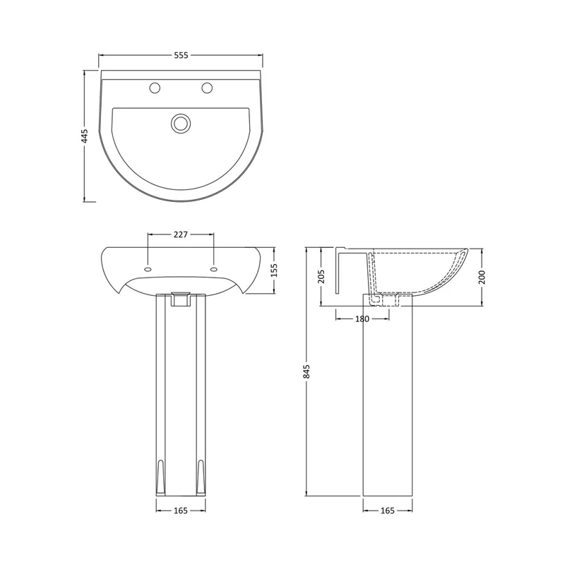Nuie Ivo 550mm 2th Basin & Pedestal Contemporary White Vitreous China 845x555x445mm