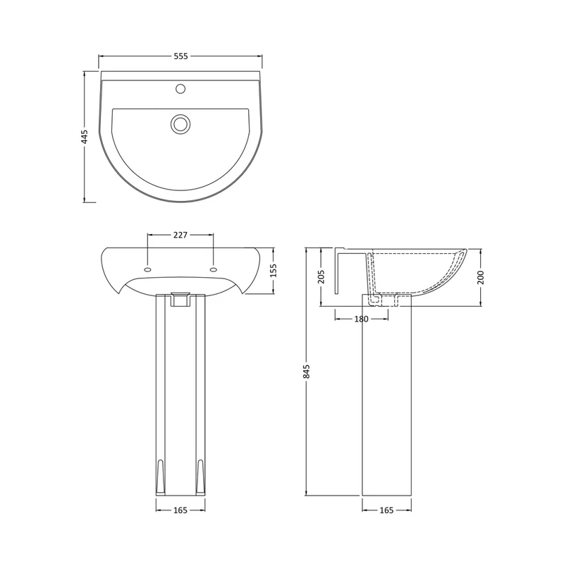 Nuie Ivo 550mm 1th Basin & Pedestal Contemporary White Vitreous China 845x555x445mm