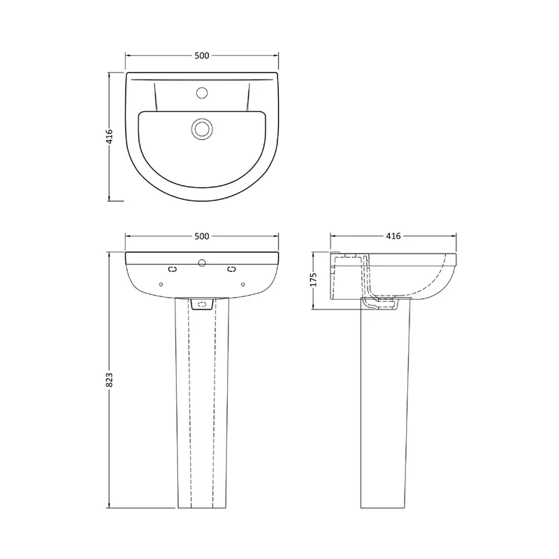 Nuie Harmony 500mm Basin & Pedestal Contemporary White Vitreous China 823x500x416mm