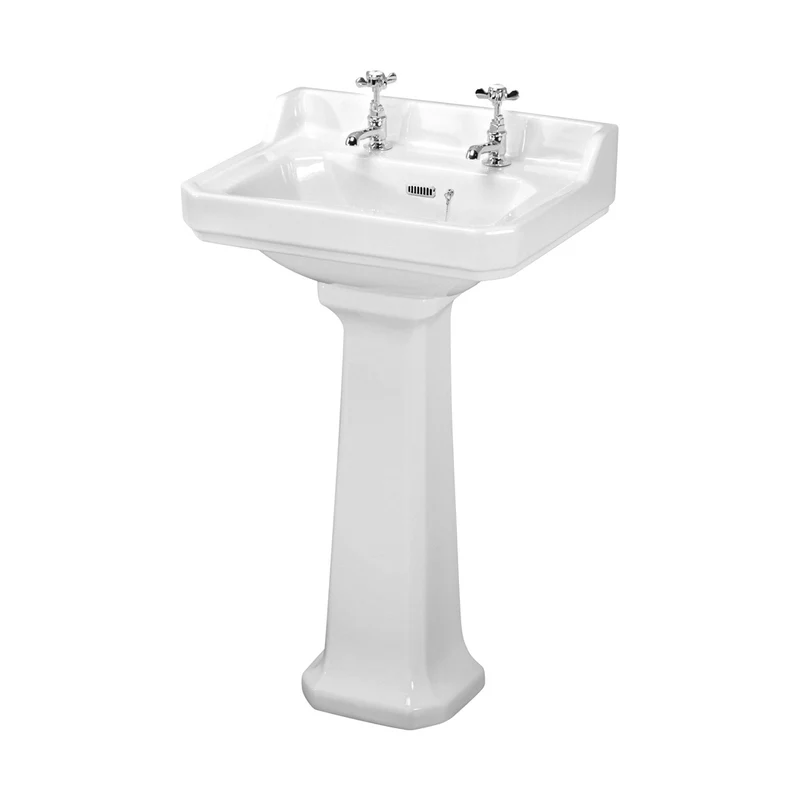 Nuie Carlton 560mm Basin & Pedestal (2 Tap Hole) Traditional White Vitreous China 905x595x470mm