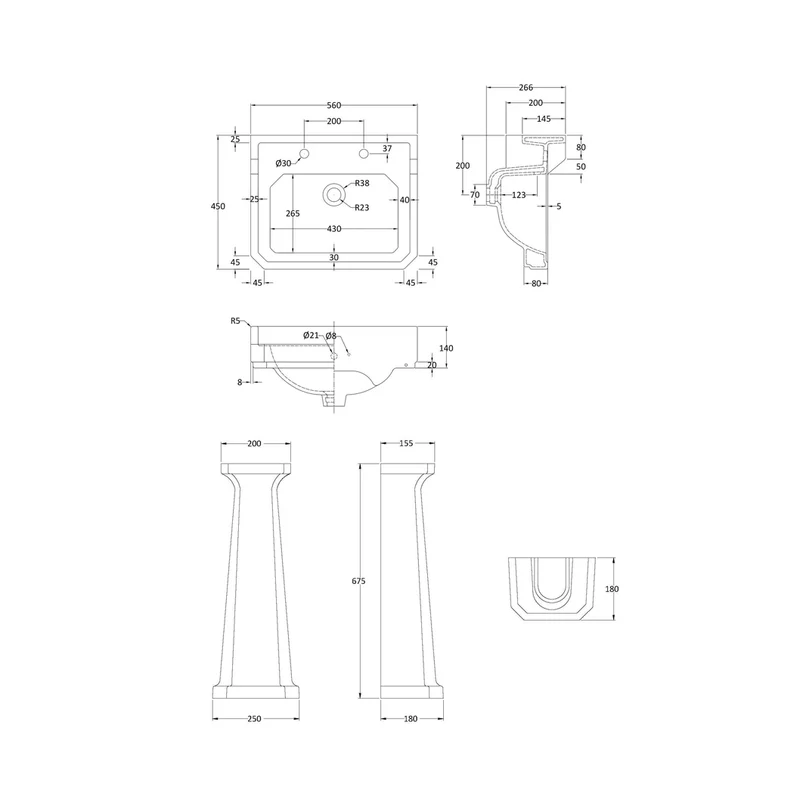 Nuie Carlton 560mm Basin & Pedestal (2 Tap Hole) Traditional White Vitreous China 905x595x470mm