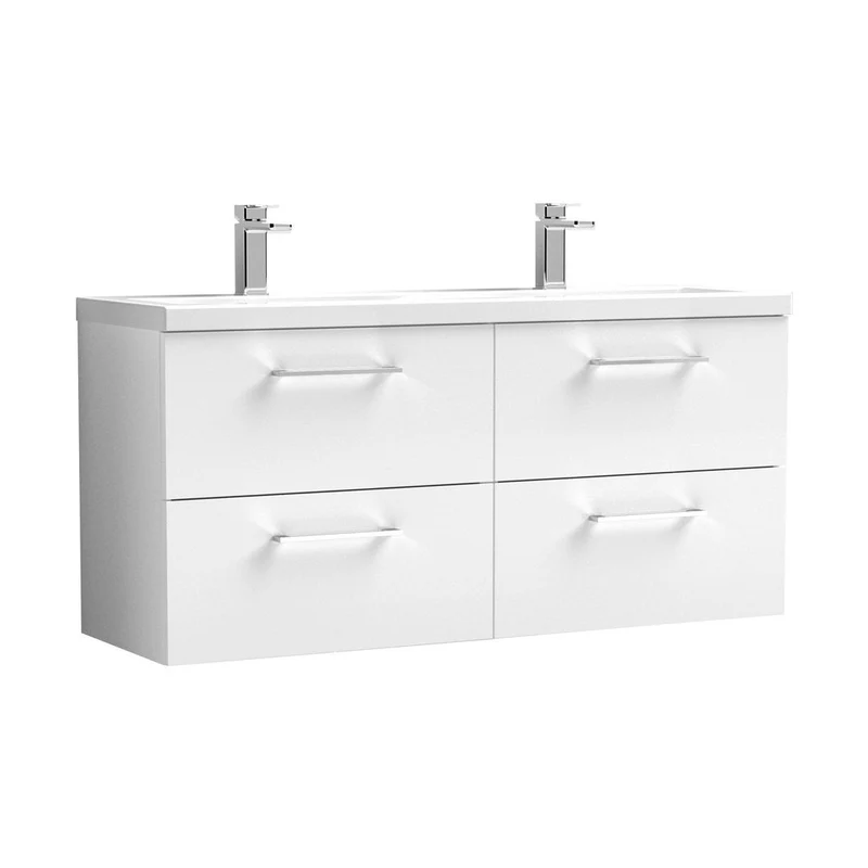 Nuie Arno 1200mm Wall Hung 4 Drawer Vanity & Double Basin Contemporary Gloss White MFC Painted Gloss 561x1205x383mm - ARN124F