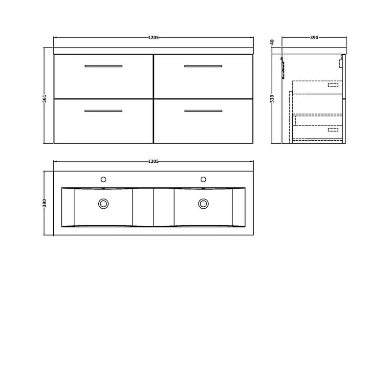 Nuie Arno 1200mm Wall Hung 4 Drawer Vanity & Double Basin Contemporary Gloss White MFC Painted Gloss 561x1205x383mm - ARN124F