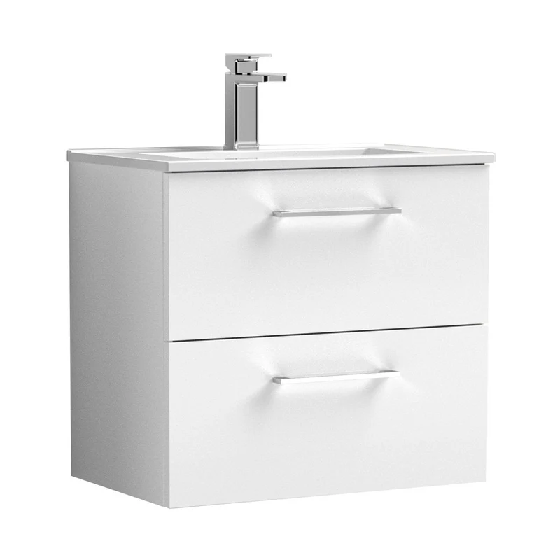 Nuie Arno 600mm Wall Hung 2 Drawer Vanity & Basin 2 Contemporary Gloss White MDF Painted Gloss 557x600x390mm