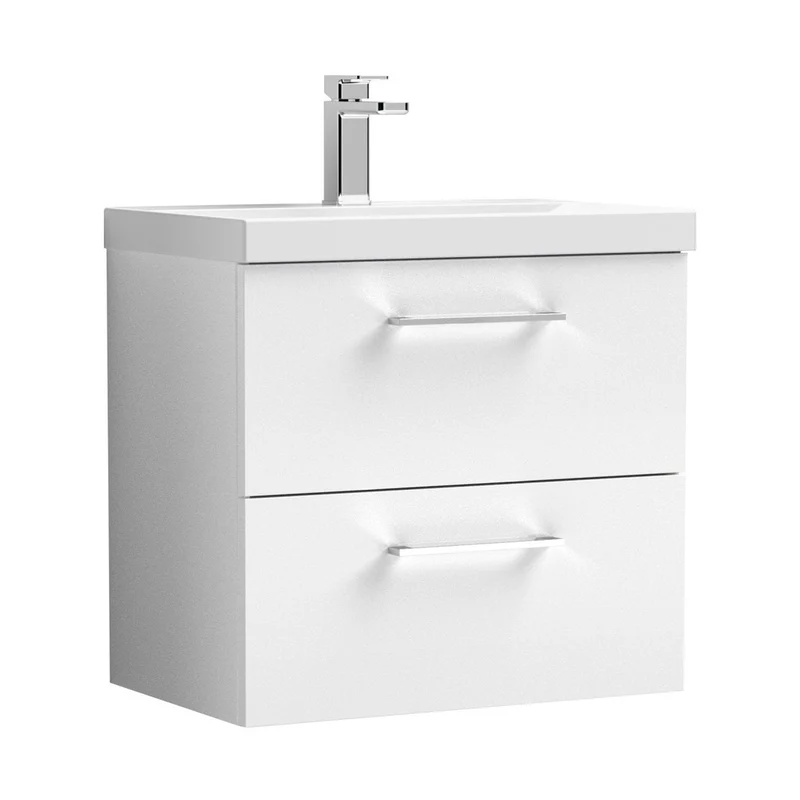 Nuie Arno 600mm Wall Hung 2 Drawer Vanity & Basin 1 Contemporary Gloss White MDF Painted Gloss 579x610x390mm
