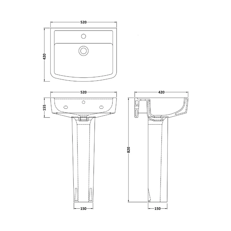 Nuie Bliss 520mm Basin & Pedestal Contemporary White Vitreous China 820x520x420mm