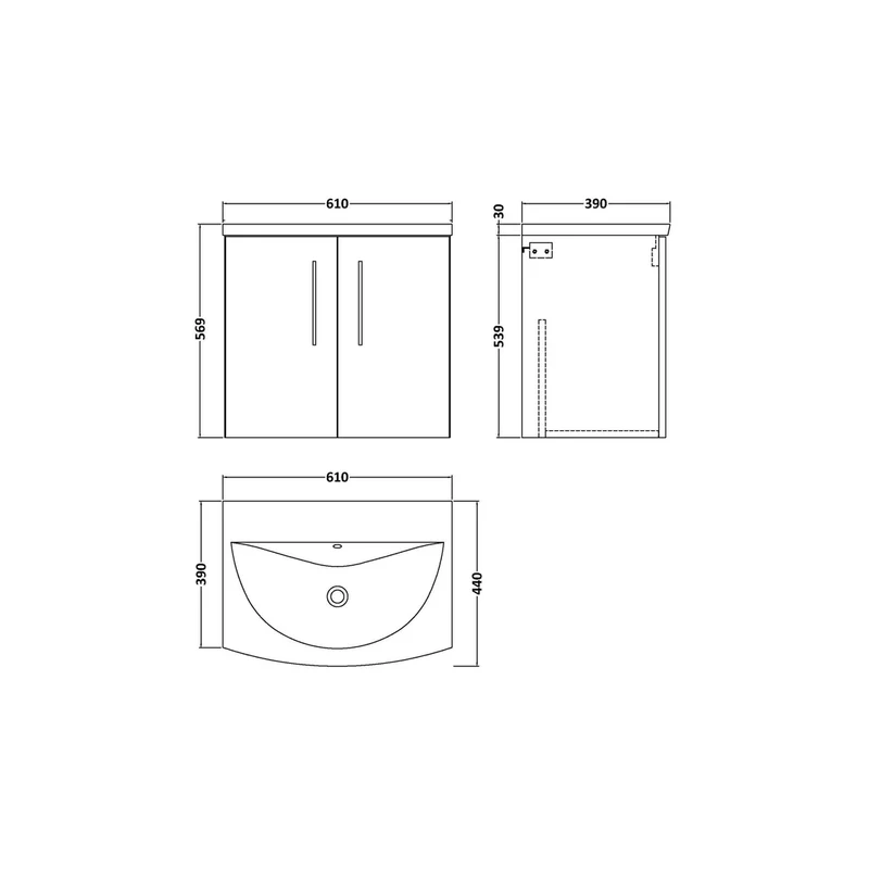 Nuie Arno 600mm Wall Hung 2 Door Vanity & Basin 4 Contemporary Gloss White MDF Painted Gloss 569x610x440mm