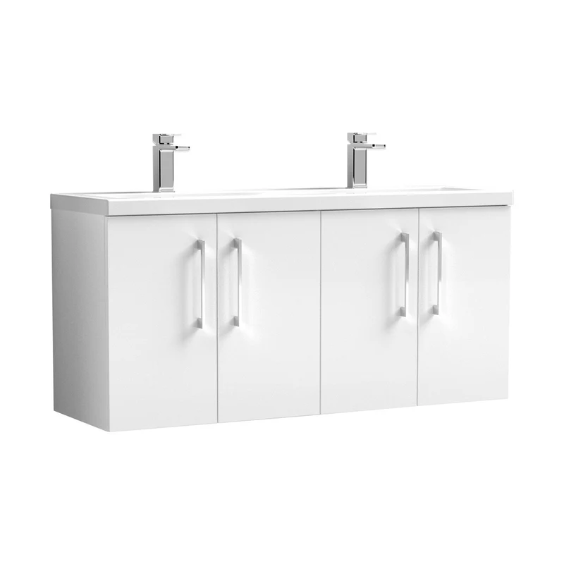 Nuie Arno 1200mm Wall Hung 4 Door Vanity & Double Basin Contemporary Gloss White MFC Painted Gloss 579x1205x383mm