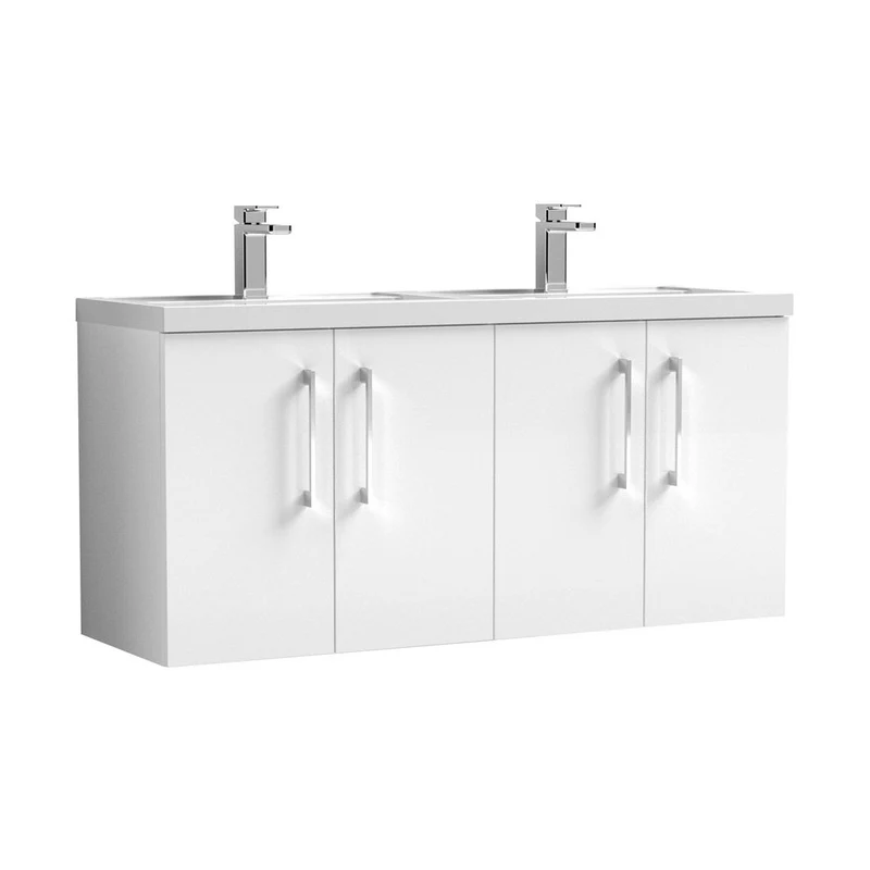 Nuie Arno 1200mm Wall Hung 4 Door Vanity & Double Basin Contemporary Gloss White MFC Painted Gloss 561x1205x383mm