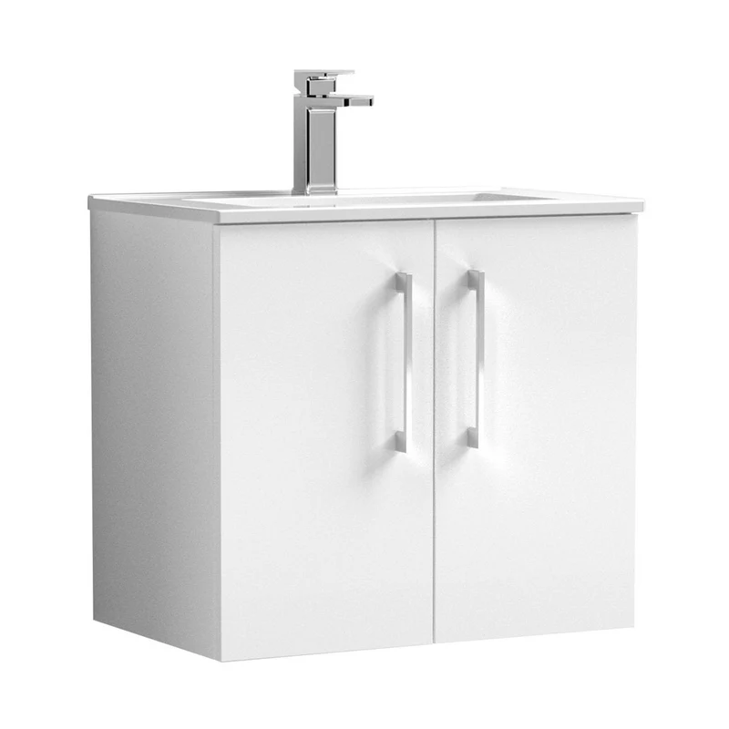 Nuie Arno 600mm Wall Hung 2 Door Vanity & Basin 2 Contemporary Gloss White MDF Painted Gloss 557x600x390mm