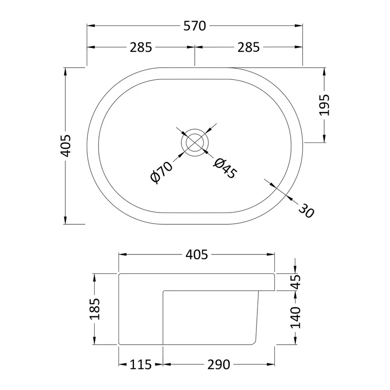 Hudson Reed Rounded Vessel Semi Recess Basin Without Tap Hole - 570 x 405mm