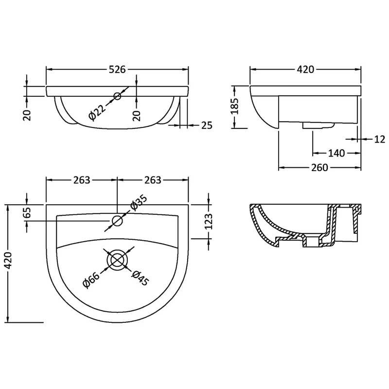 Hudson Reed Harmony 500mm Semi Recess Basin - 526 x 420mm