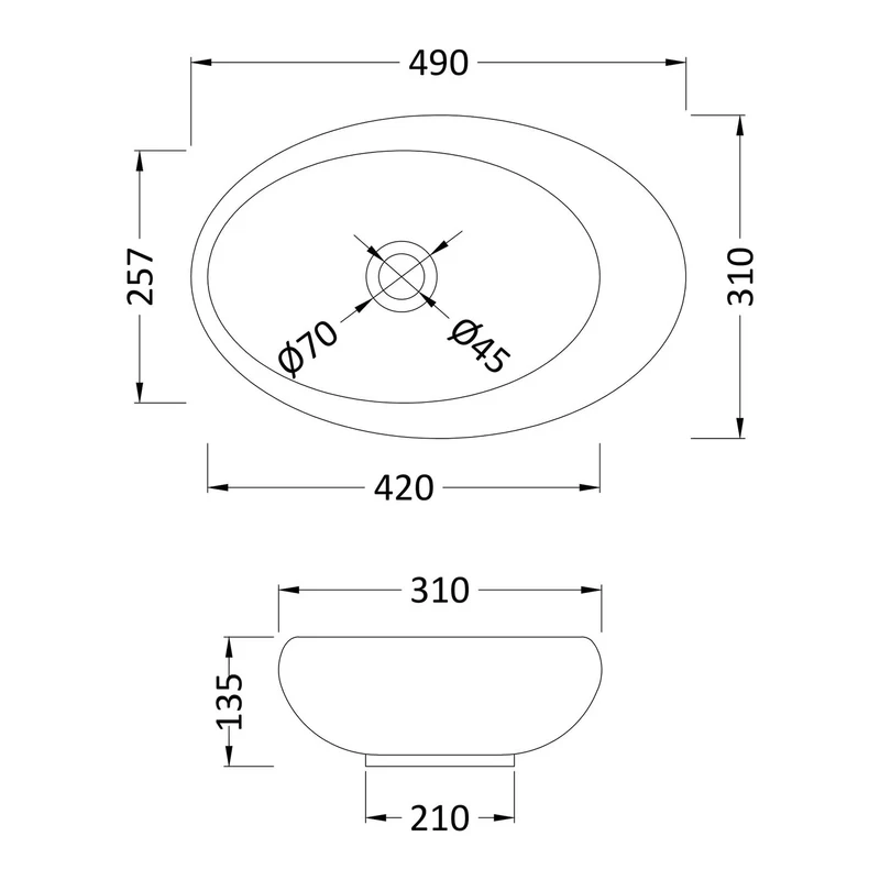 Hudson Reed Oval Counter Top Vessel Basin - 490 x 310mm