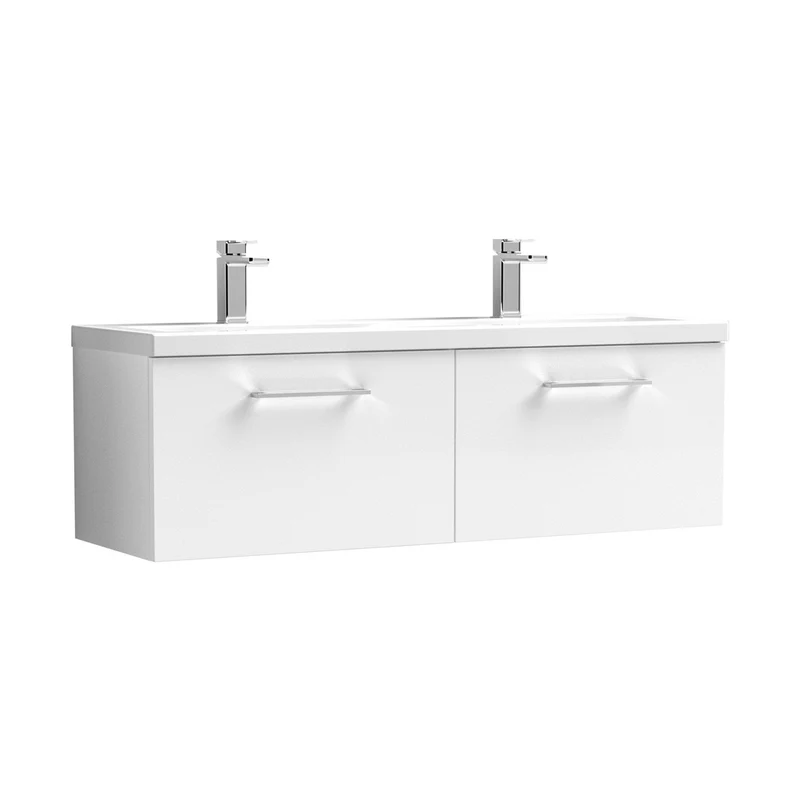 Nuie Arno 1200mm Wall Hung 2 Drawer Vanity & Double Basin Contemporary Gloss White MFC Painted Gloss 399x1205x383mm