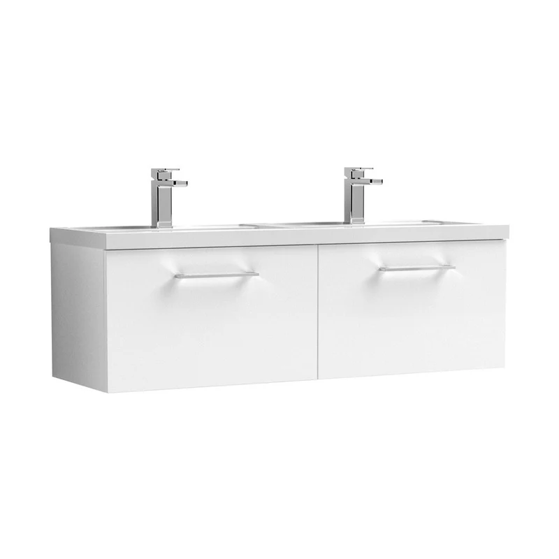 Nuie Arno 1200mm Wall Hung 2 Drawer Vanity & Double Basin Contemporary Gloss White MFC Painted Gloss 377x1205x383mm