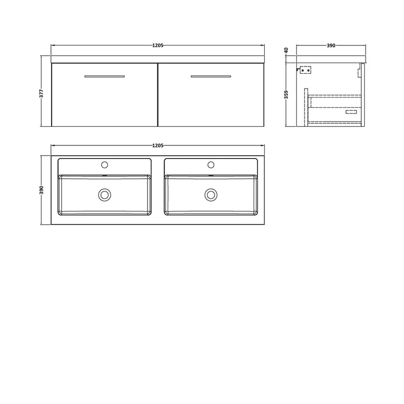 Nuie Arno 1200mm Wall Hung 2 Drawer Vanity & Double Basin Contemporary Gloss White MFC Painted Gloss 377x1205x383mm