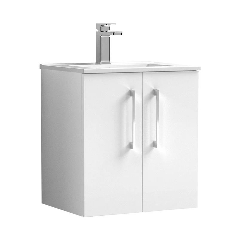 Nuie Arno 500mm Wall Hung 2 Door Vanity & Basin 2 Contemporary Gloss White MFC Painted Gloss 557x500x390mm