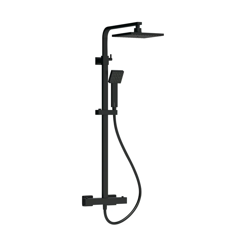 Nuie Square Thermostatic Bar Valve & Shower Kit Contemporary Matt Black Brass ABS 1200x200x465mm