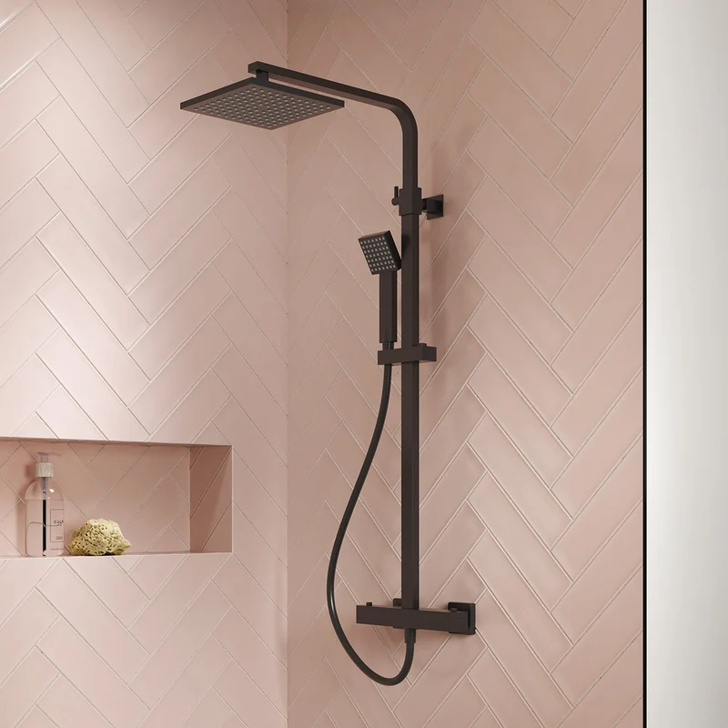 Nuie Square Thermostatic Bar Valve & Shower Kit Contemporary Matt Black Brass ABS 1200x200x465mm