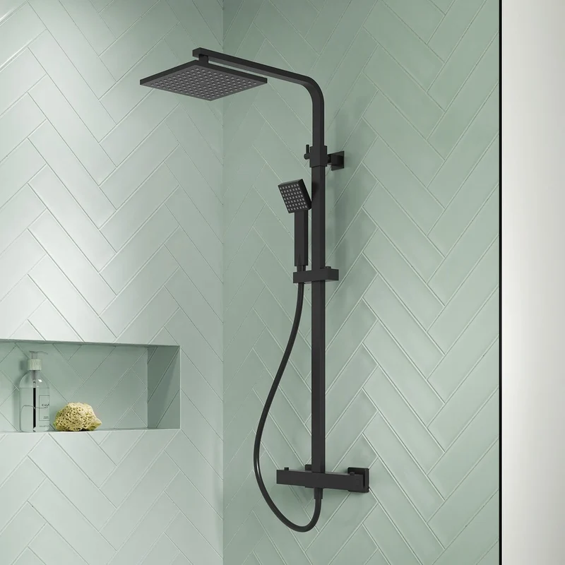 Nuie Square Thermostatic Bar Valve & Shower Kit Contemporary Matt Black Brass ABS 1200x200x465mm