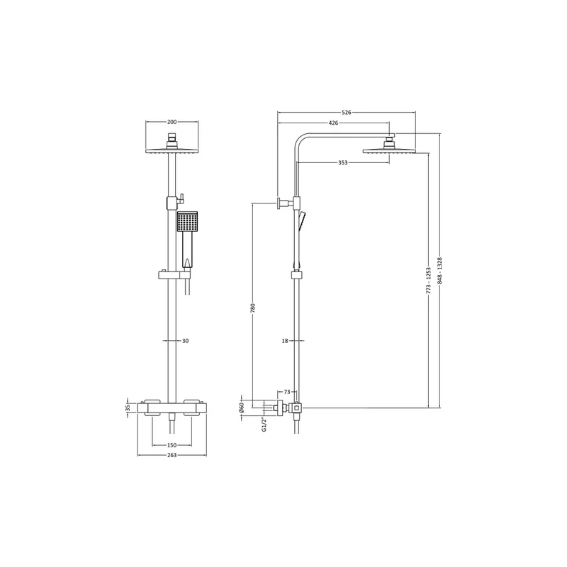 Nuie Square Thermostatic Bar Valve & Shower Kit Contemporary Matt Black Brass ABS 1200x200x465mm