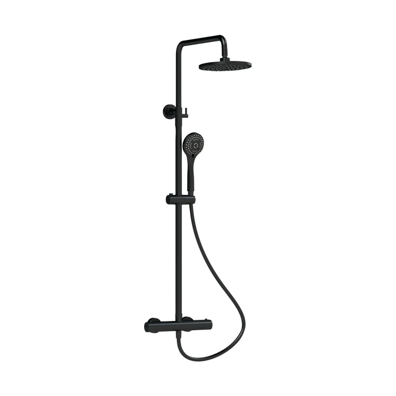 Nuie Round Thermostatic Bar Valve & Shower Kit Contemporary Matt Black Brass ABS 1245x267x429mm