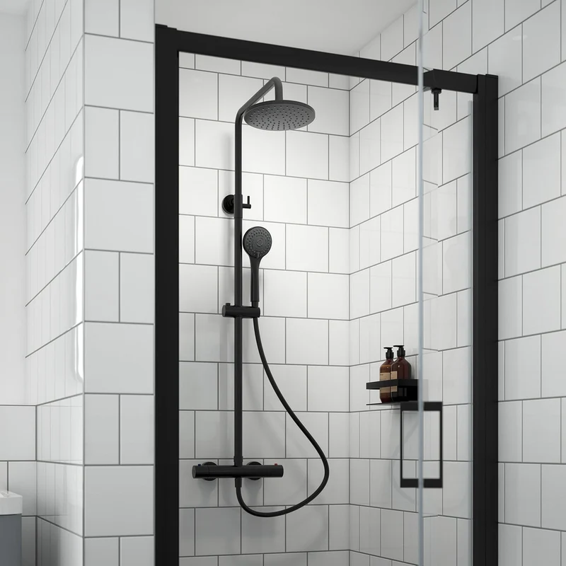 Nuie Round Thermostatic Bar Valve & Shower Kit Contemporary Matt Black Brass ABS 1245x267x429mm