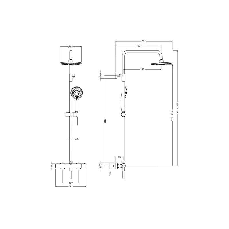 Nuie Round Thermostatic Bar Valve & Shower Kit Contemporary Matt Black Brass ABS 1245x267x429mm
