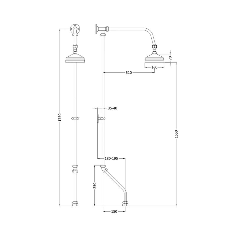 Nuie Rigid Riser Kit Traditional Chrome Brass 1750x70x590mm