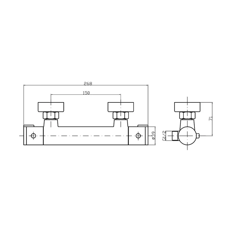 Nuie Minimalist Thermostatic Bar Valve Contemporary Chrome Brass ABS 39x268x71mm