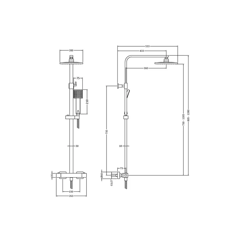 Nuie Thermostatic Bar Shower With Kit Contemporary Chrome Brass ABS 1200x261x465mm