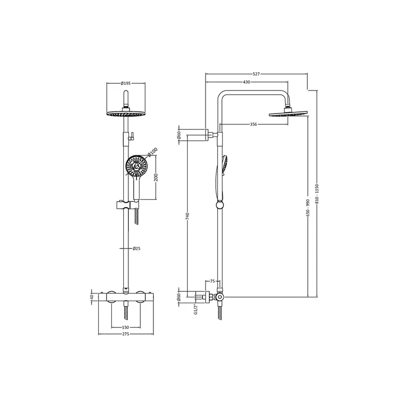 Nuie Thermostatic Bar Shower With Kit Contemporary Chrome Brass ABS 1245x267x429mm