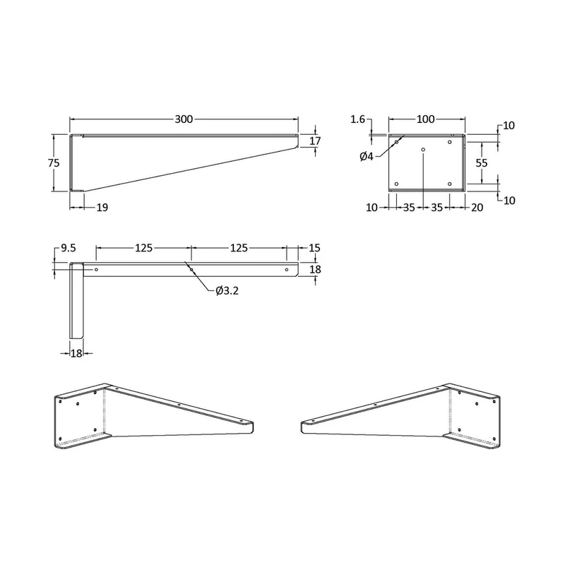Nuie Handles Shelf Support Brackets Contemporary Dark Grey Stainless Steel 300x100x50mm