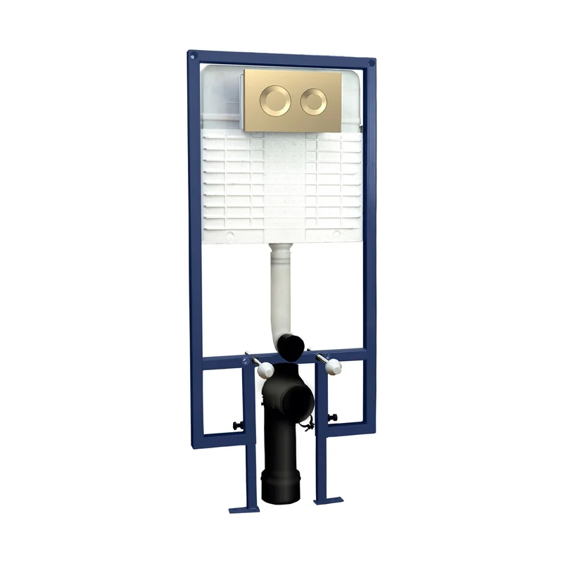 Nuie Concealed Cisterns And Frames Dual Flush Concealed Cistern Frame Round Plate Contemporary Brushed Brass Stainless Steel 1136x520x204mm