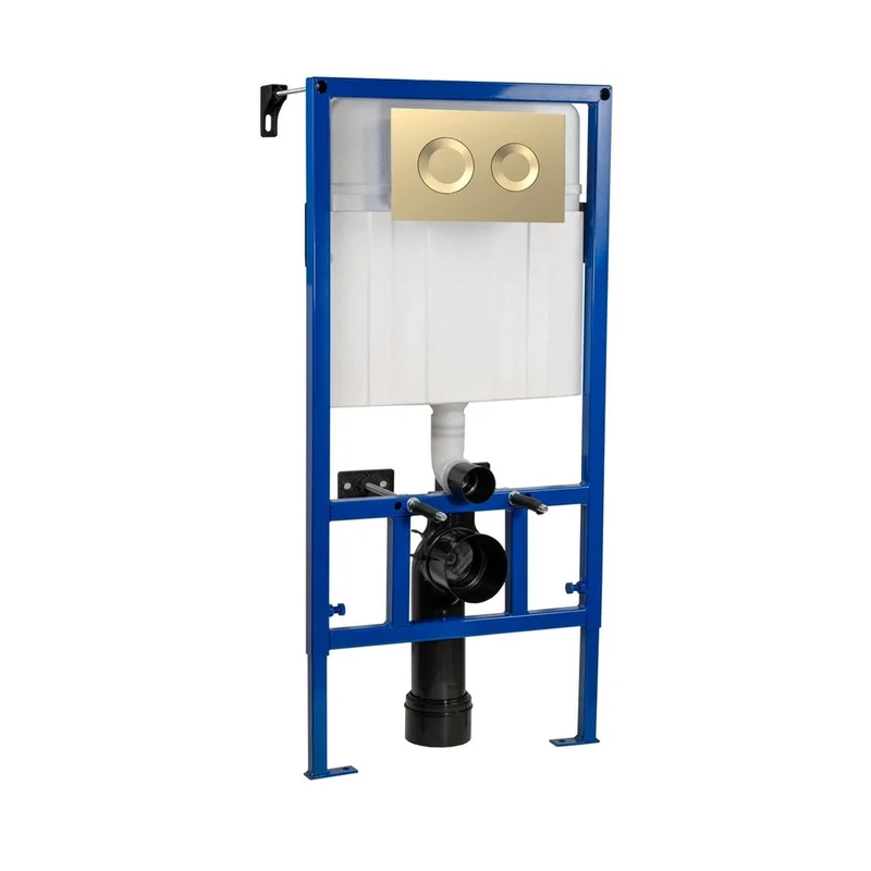Nuie Concealed Cisterns And Frames Dual Flush Concealed Cistern Frame With Round Plate Contemporary Brushed Brass Stainless Steel 890x520x205mm
