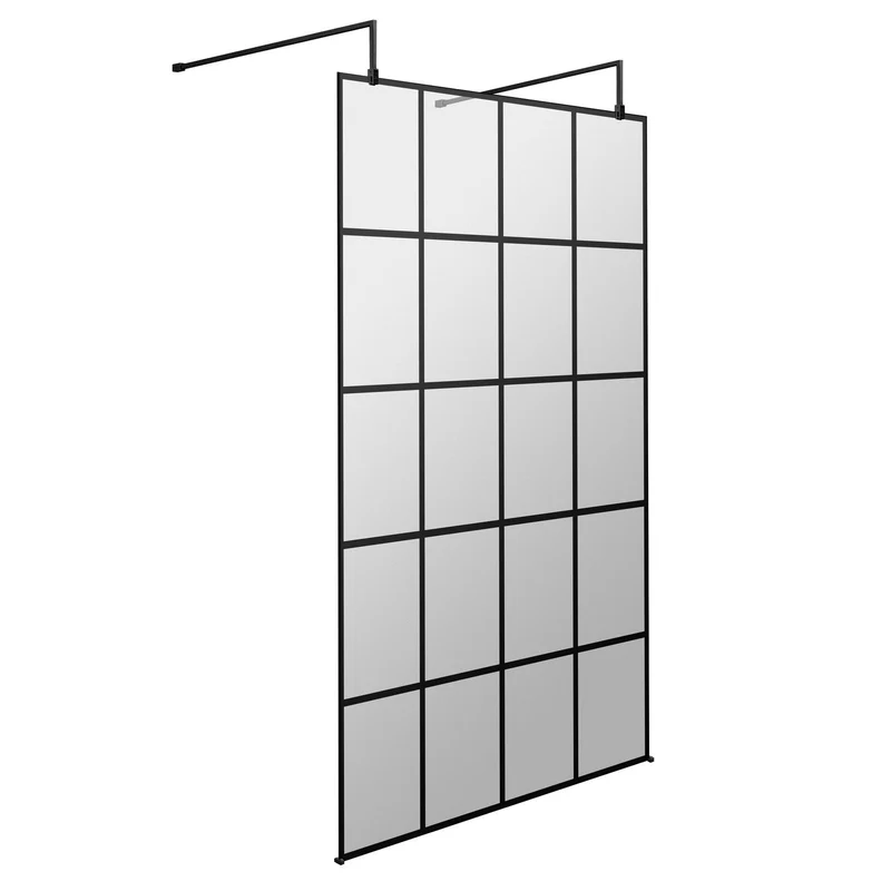 Vista 8mm Matt Black Grid Freestanding Walk-In Shower Screen With Wall Arms - 1950mm With Easy Clean Glass