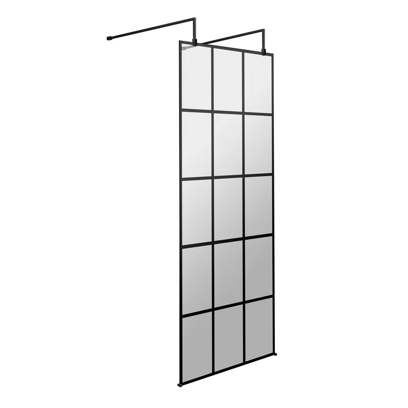 Vista 8mm Matt Black Grid Freestanding Walk-In Shower Screen With Wall Arms - 1950mm With Easy Clean Glass