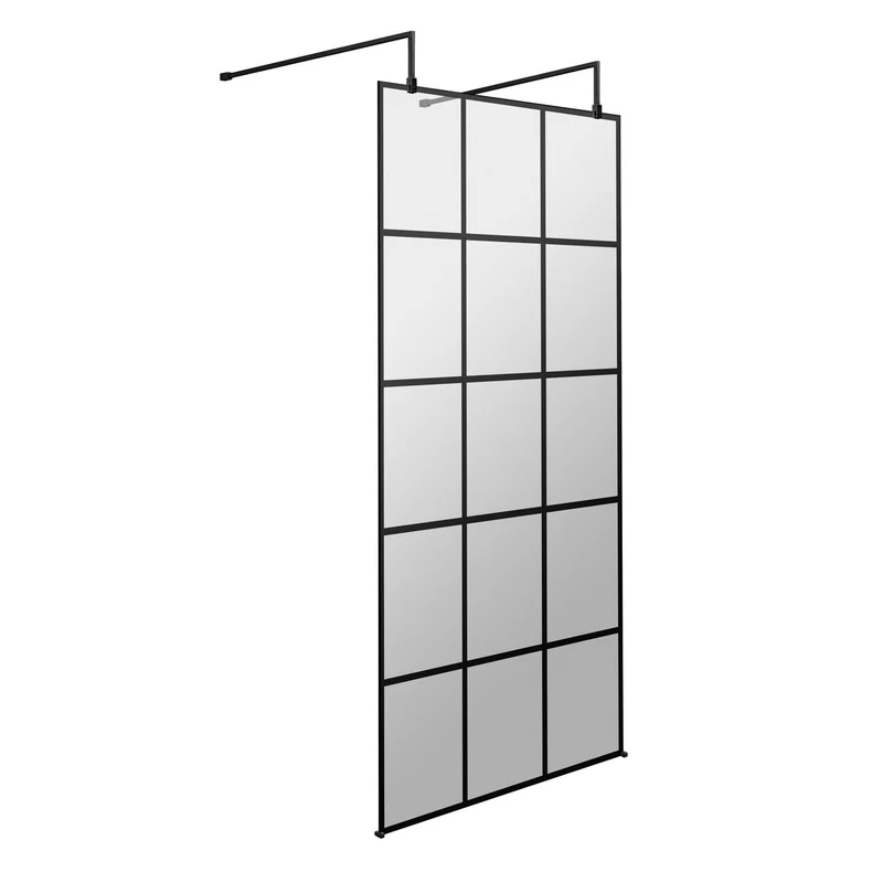 Vista 8mm Matt Black Grid Freestanding Walk-In Shower Screen With Wall Arms - 1950mm With Easy Clean Glass